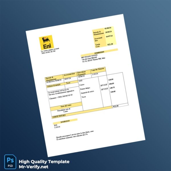 Italy Eni Editable Gas Bill Template in Word and PDF formats