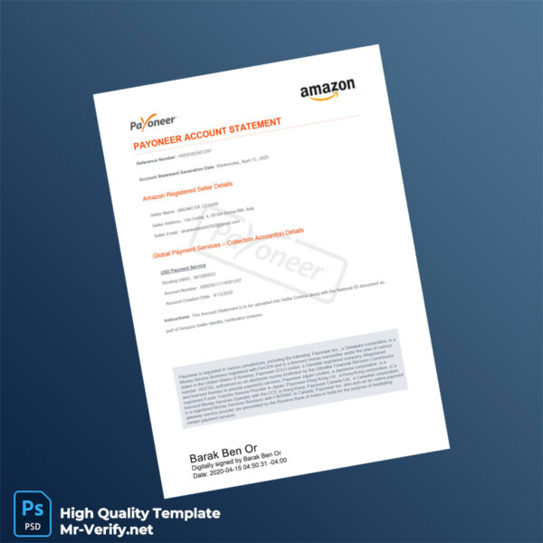 Italy Payoneer Account Statement Template in Word and PDF formats