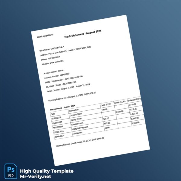 Italy UniCredit Bank Statement Template in Word and PDF formats
