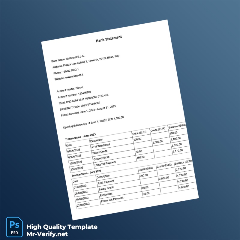 Italy UniCredit S p A Editable Bank Statement Template in Word and PDF formats 2 page Italy UniCredit S p A Editable Bank Statement Template in Word and PDF formats 2 page