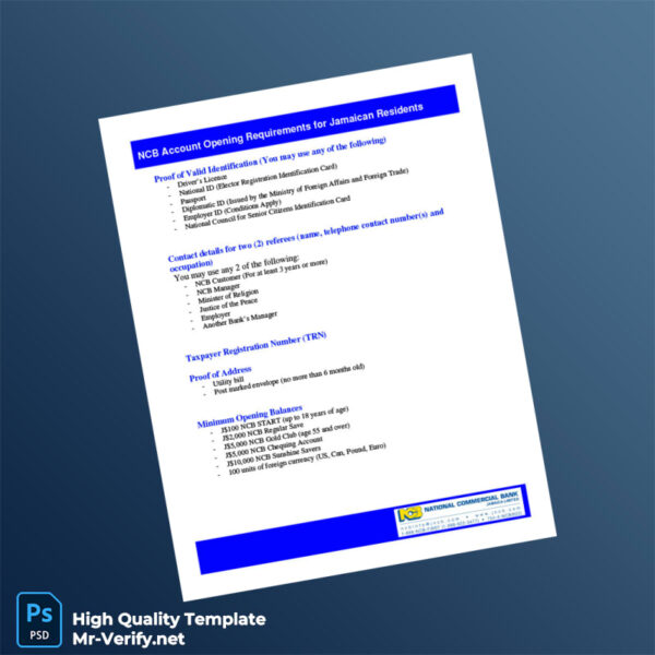 Jamaica National Commercial Bank Editable Account Opening Requirements Template in Word and PDF formats