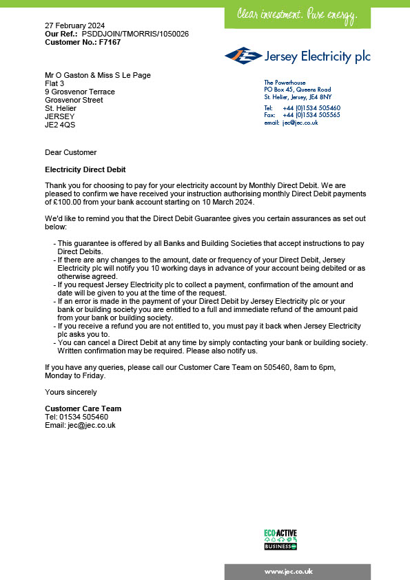 Jersey Jersey Electricity plc Editable Electricity Bill Template in Word and PDF formats