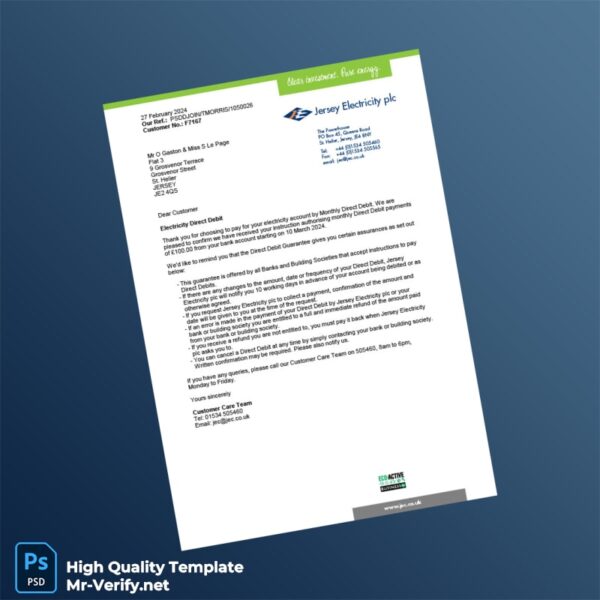 Jersey Jersey Electricity plc Editable Electricity Bill Template in Word and PDF formats