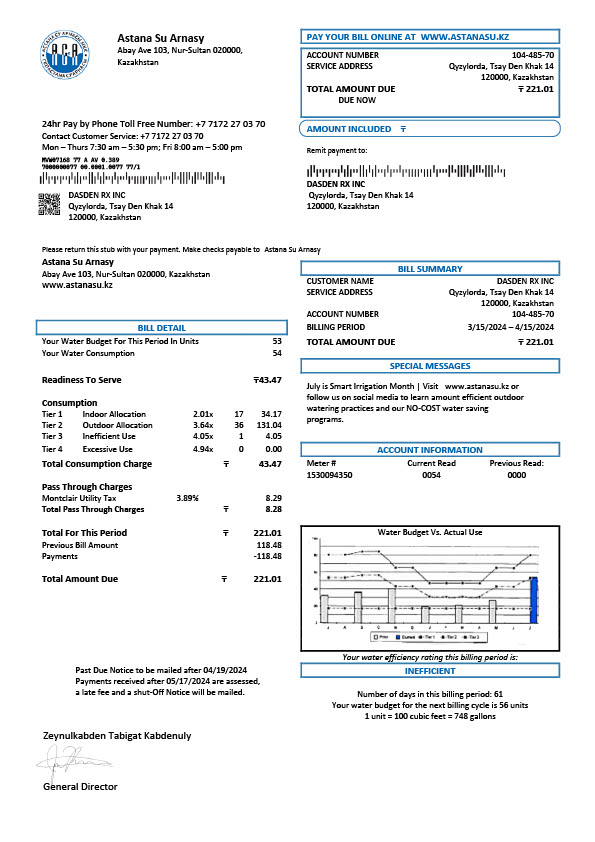 Kazakhstan Astana Su Arnasy Editable Utility Bill Template in Word and PDF formats