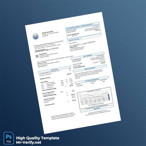 Kazakhstan Astana Su Arnasy Editable Utility Bill Template in Word and PDF formats 2 page