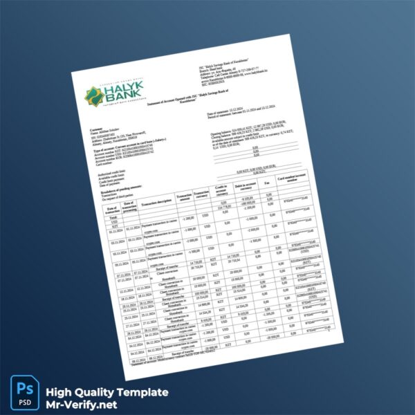 Kazakhstan Halyk Bank Credit Card Statement Template in Word and PDF formats 4 page