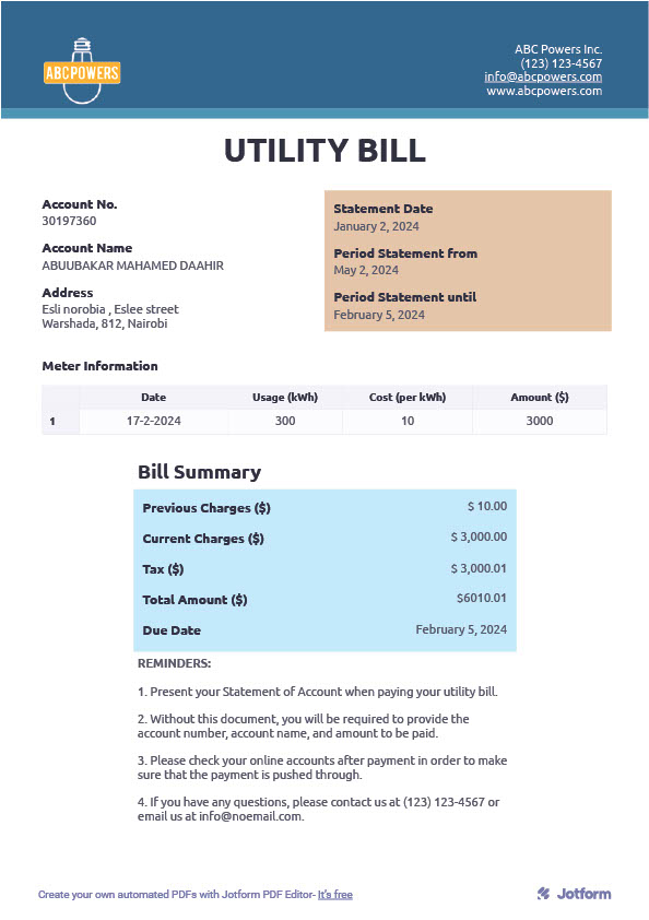 Kenya ABC Powers Inc Editable Utility Bill Template in Word and PDF formats