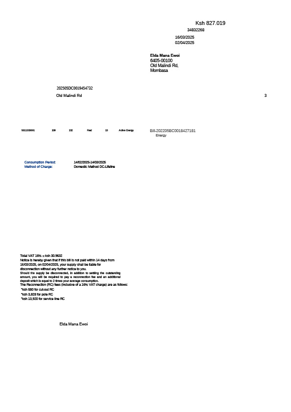 Kenya Editable Utility Bill Template in Word and PDF formats 2 page
