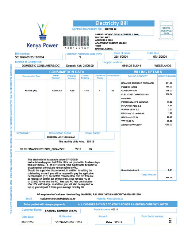 Kenya KPLC Editable Electricity Bill Template in Word and PDF formats