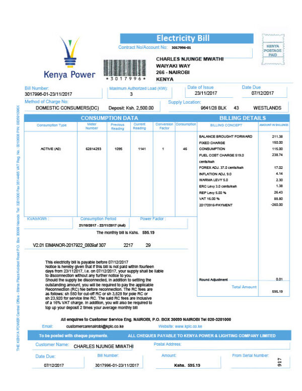 Kenya Kenya Power Editable Electricity Bill Template in Word and PDF formats