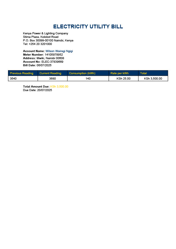 Kenya Kenya Power Lighting Company Editable Electricity Bill Template in Word and PDF formats