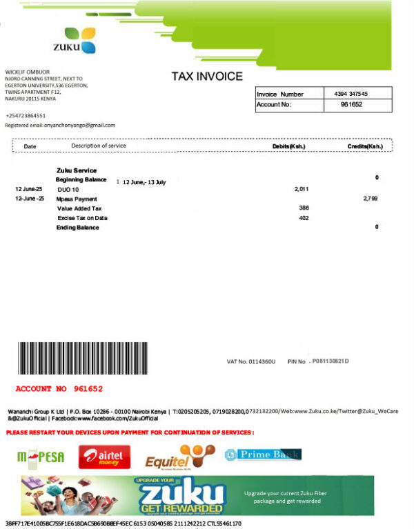 Kenya Wananchi Group K Ltd Editable Internet Bill Template in Word and PDF formats 2 page