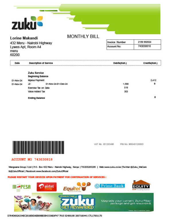 Kenya Zuku Editable Monthly Bill Template in Word and PDF formats