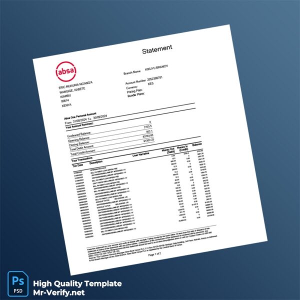 Kenya Absa Bank Statement Template in Word and PDF formats 2 page