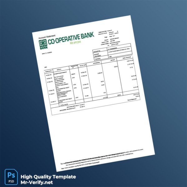Kenya COOP Bank Statement Template in Word and PDF formats