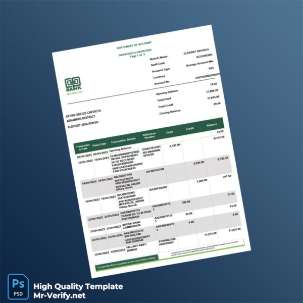 Kenya Co-operative Bank Bank Statement Template in Word and PDF formats 2 page