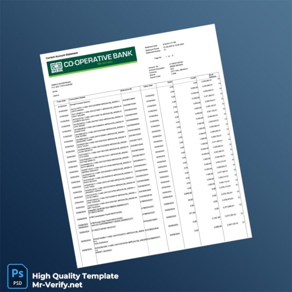 Kenya Cooperative Bank Account Statement Template in Word and PDF formats 6 page