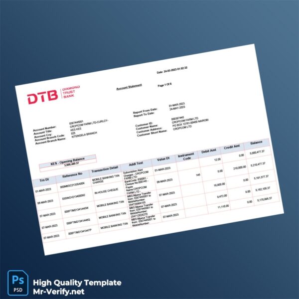 Kenya DTB Bank Statement Template in Word and PDF formats 8 page