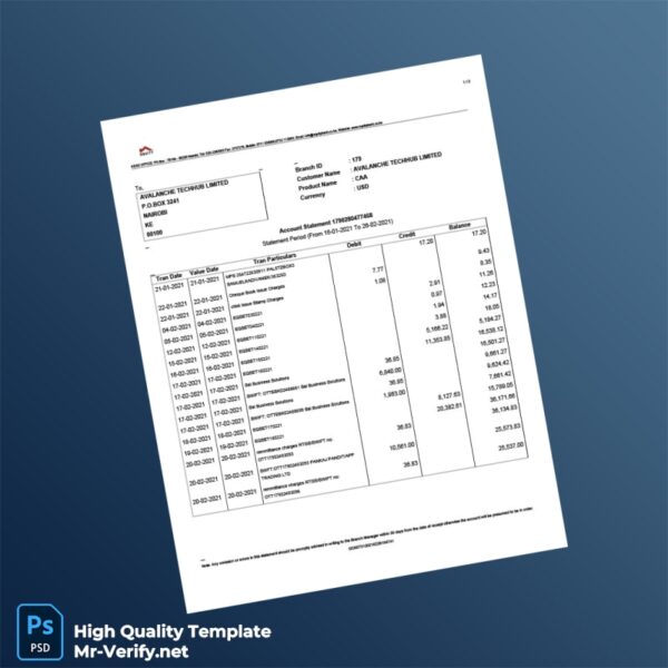 Kenya Equity Bank Account Statement Template in Word and PDF formats 2 page