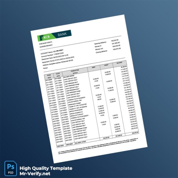 Kenya KCB Bank Statement Template in Word and PDF formats
