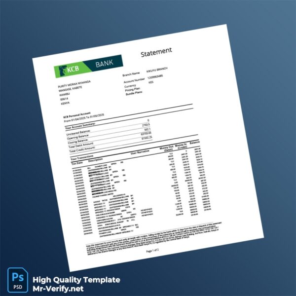 Kenya KCB Personal Account Statement Template in Word and PDF formats 2 page