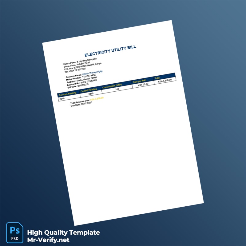 Kenya Kenya Power Lighting Company Editable Electricity Bill Template in Word and PDF formats Kenya Kenya Power Lighting Company Editable Electricity Bill Template in Word and PDF formats