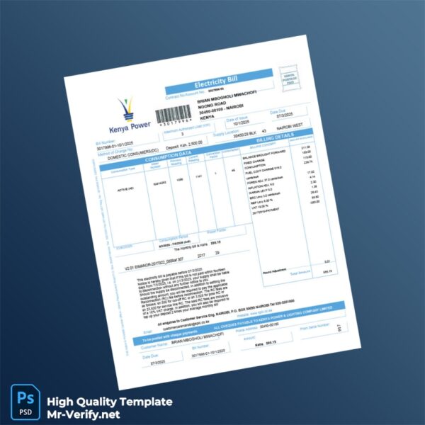 Kenya Kenya Power Lighting Company Limited Editable Electricity Bill Template in Word and PDF formats