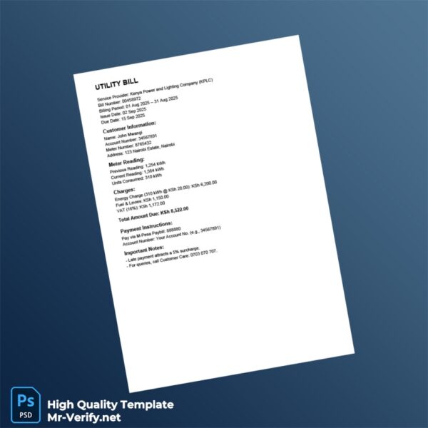 Kenya Kenya Power and Lighting Company Editable Utility Bill Template in Word and PDF formats