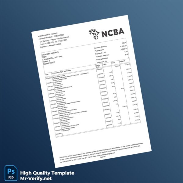 Kenya NCBA Bank Statement Template in Word and PDF formats