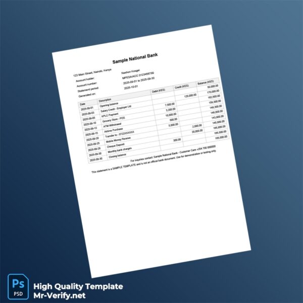 Kenya Sample National Bank Statement Template in Word and PDF formats