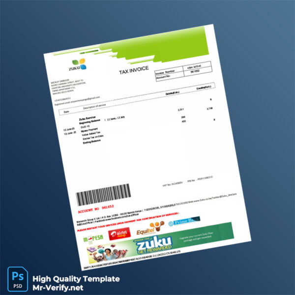 Kenya Wananchi Group K Ltd Editable Internet Bill Template in Word and PDF formats 2 page