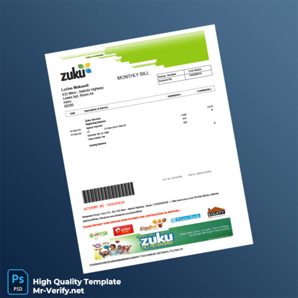 Kenya Zuku Editable Utility Bill Template in Word and PDF formats