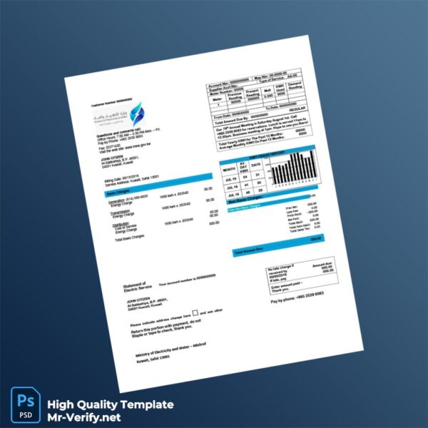 Kuwait Ministry of Electricity and Water Editable Electricity Bill Template in Word and PDF formats