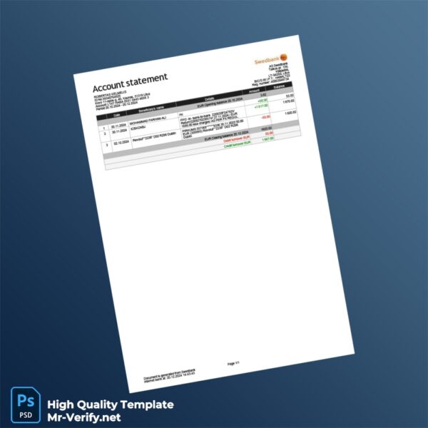 Latvia AS Swedbank Bank Statement Template in Word and PDF formats