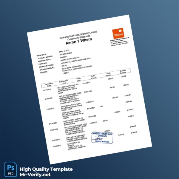Liberia Guaranty Trust Bank Statement Template in Word and PDF formats 3 page