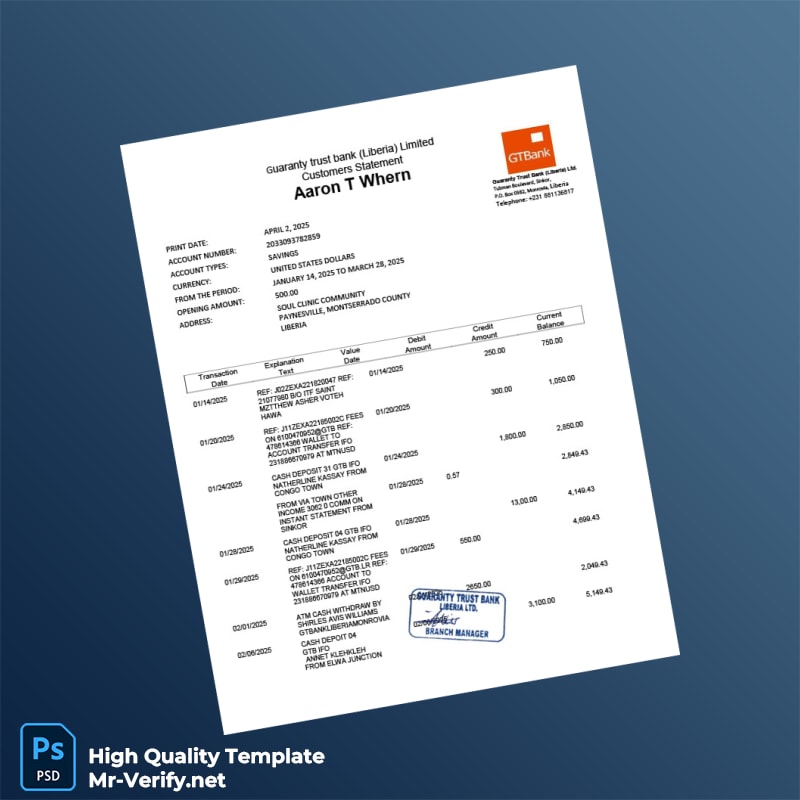 Liberia Guaranty Trust Bank Statement Template in Word and PDF formats 3 page Liberia Guaranty Trust Bank Statement Template in Word and PDF formats 3 page