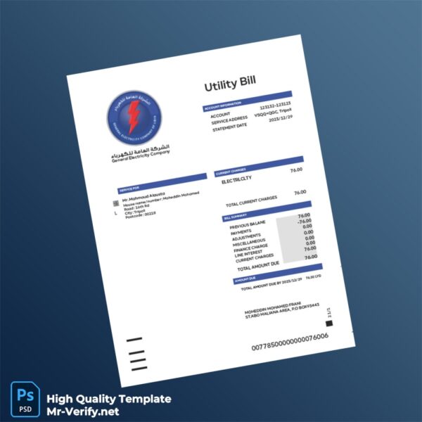 Libya General Electricity Company Editable Electricity Bill Template in Word and PDF formats