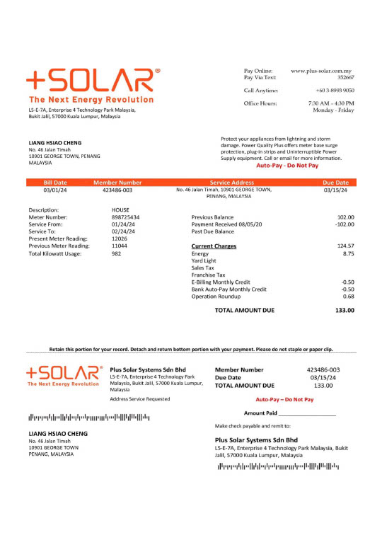 Malaysia Plus Solar Systems Sdn Bhd Editable Utility Bill Template in Word and PDF formats