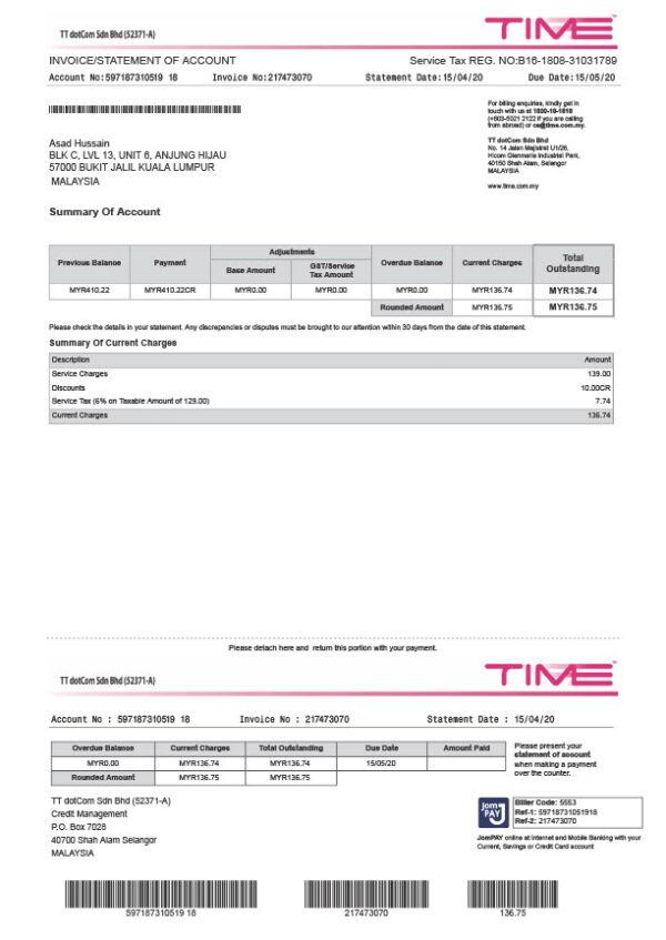 Malaysia TT dotCom Sdn Bhd Editable Internet Bill Template in Word and PDF formats 4 page