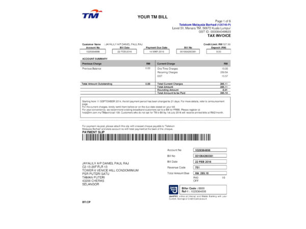 Malaysia Telekom Malaysia Editable Utility Bill Template in Word and PDF formats