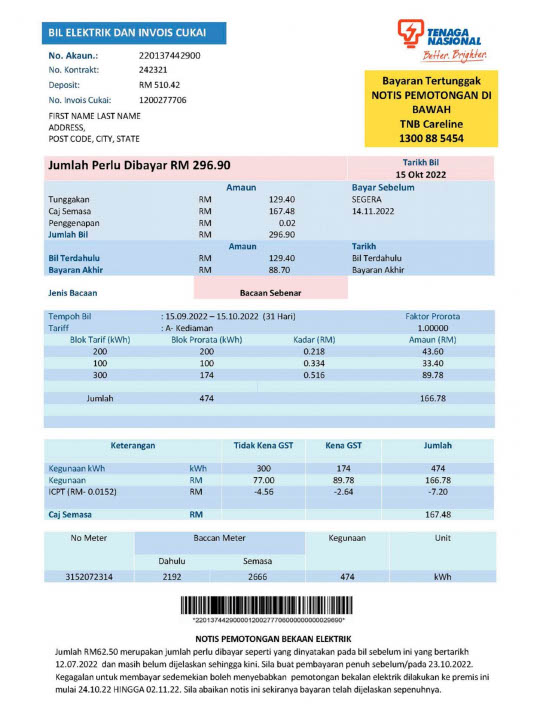 Malaysia Tenaga Nasional Berhad Editable Electricity Bill Template in Word and PDF formats
