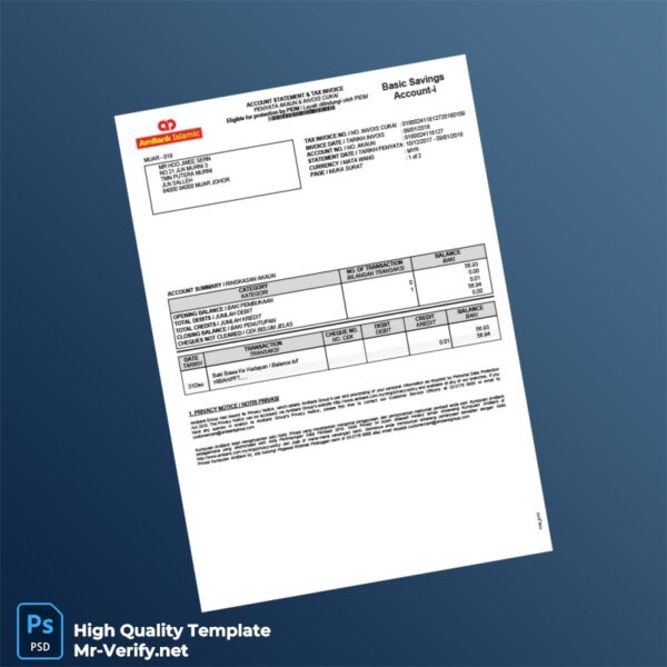 Malaysia AmBank Basic Savings Account Statement Template in Word and PDF formats 2 page