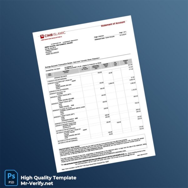 Malaysia Bank Statement Template in Word and PDF formats 3 page