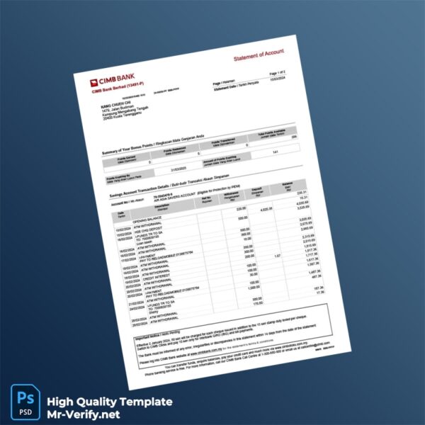 Malaysia CIMB Bank Statement Template in Word and PDF formats 2 page
