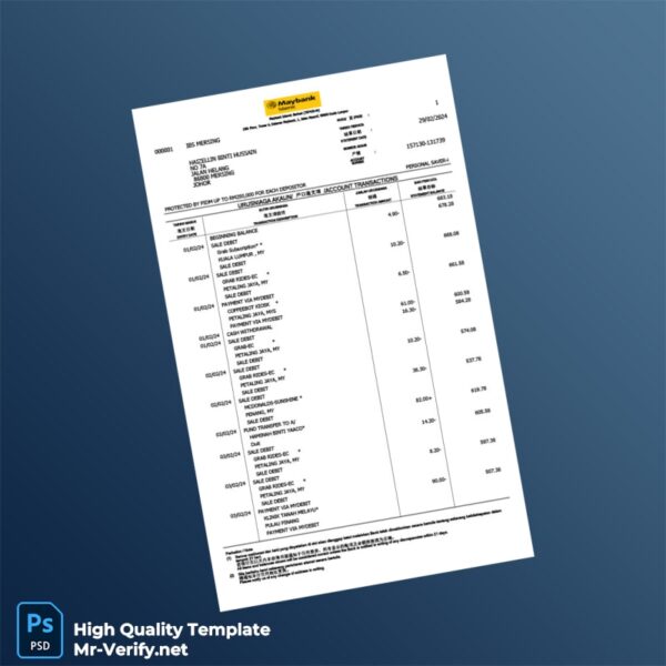 Malaysia Document Type Bank Statement Template in Word and PDF formats