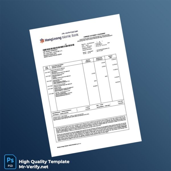Malaysia Hong Leong Islamic Bank Statement Template in Word and PDF formats 3 page