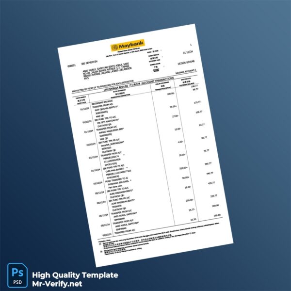 Malaysia Maybank Islamic Berhad Bank Statement Template in Word and PDF formats 7 page