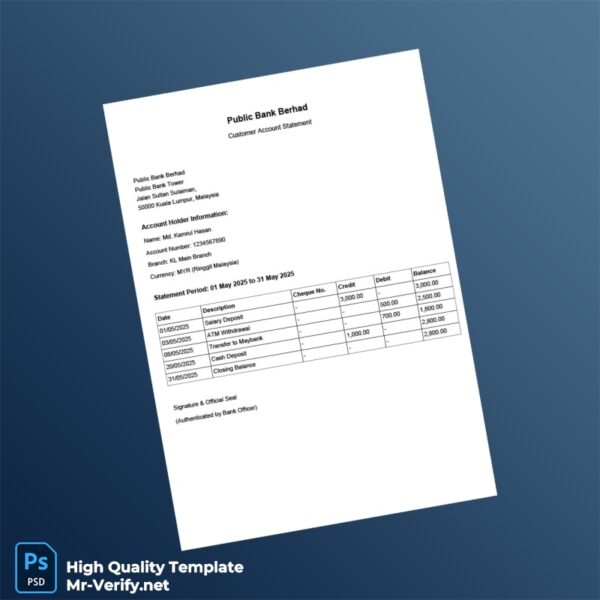 Malaysia Public Bank Berhad Account Statement Template in Word and PDF formats