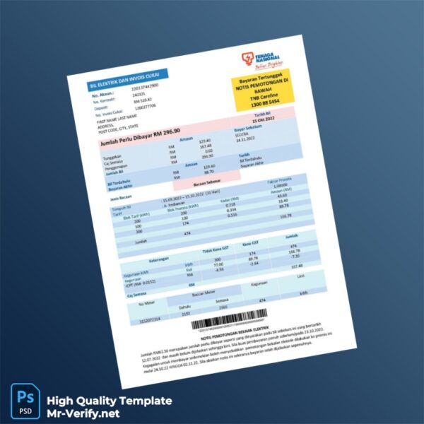 Malaysia Tenaga Nasional Berhad Editable Electricity Bill Template in Word and PDF formats