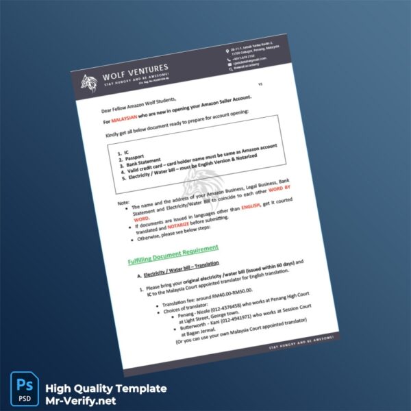 Malaysia Wolf Ventures Editable Amazon Seller Account Opening Template in Word and PDF formats 4 page
